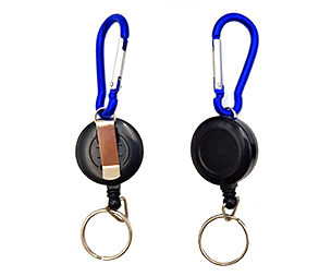 Black yoyo with blue carabiner, belt clip and keychain